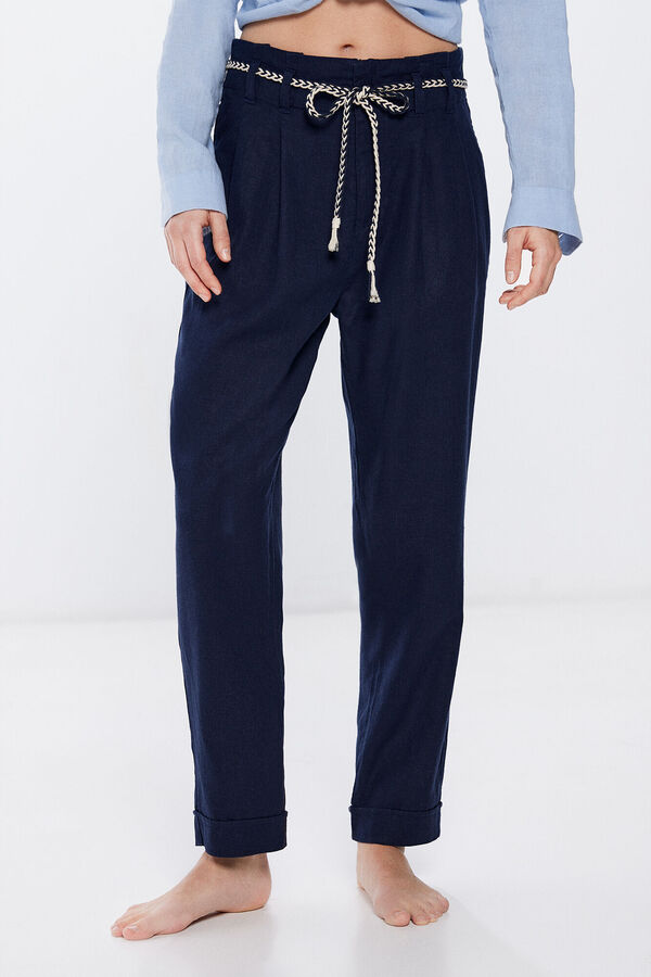 Springfield Lanene hlače s remenom u obliku užeta tamno plava
