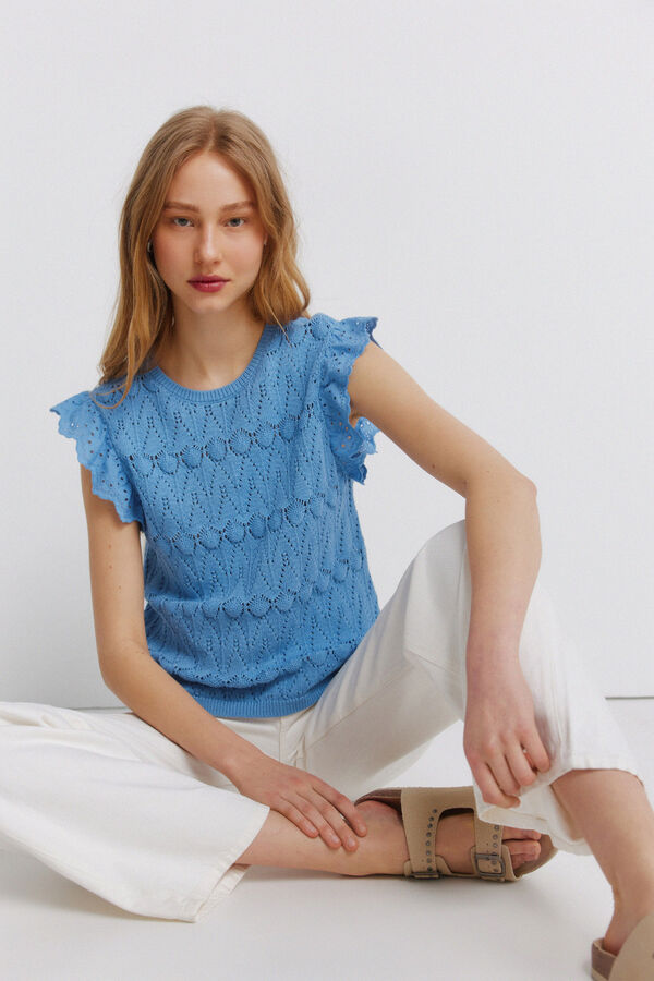 Springfield Pointelle ruffle top blue