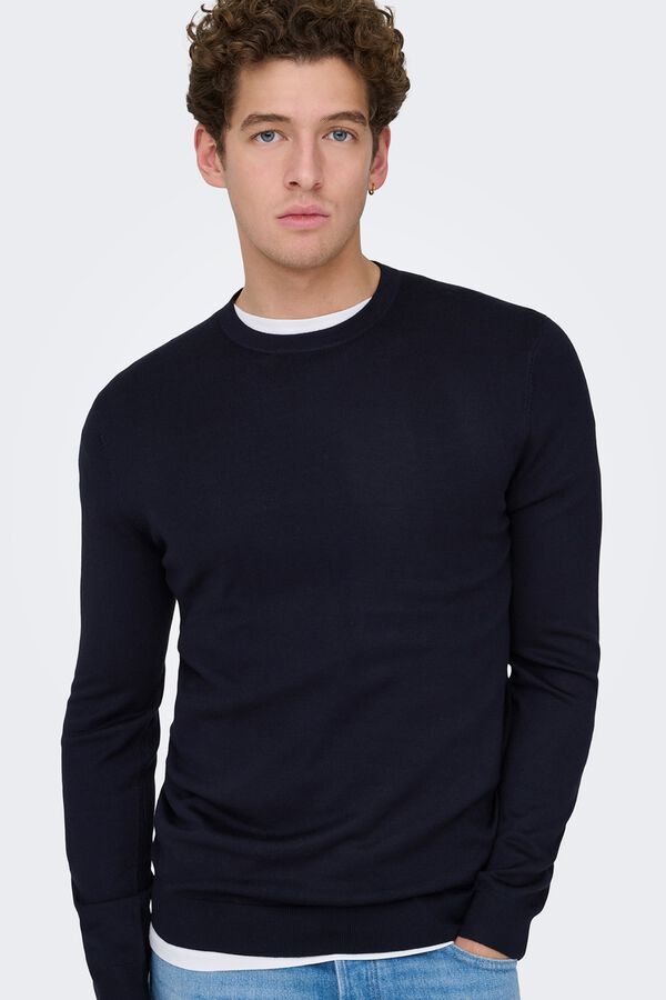 Only & Sons Su&eacute;ter masculino com gola redonda e regular fit.  azul