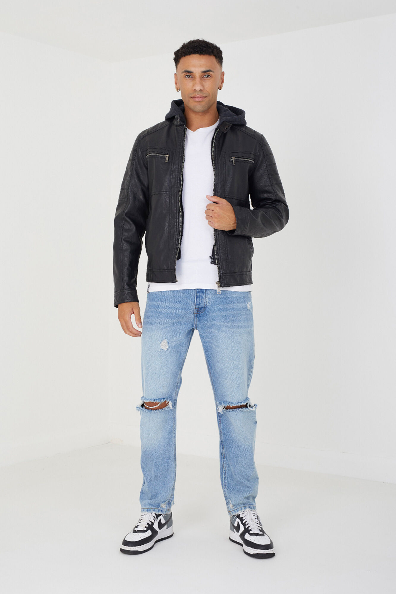 Faux leather hooded jacket