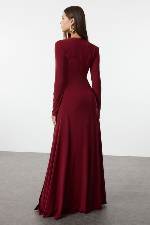 Trendyol Vestido largo con escote en V burdeos