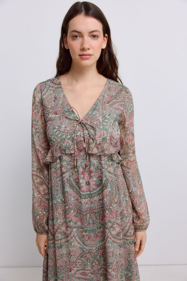 Springfield Printed ruffle midi dress green
