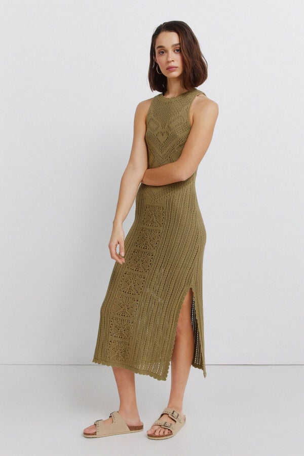 Springfield Pointelle midi dress beige
