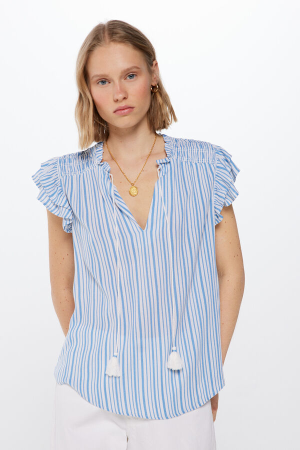 Springfield Bluza od tkanine bambula s elastičnim nabiranjem plava