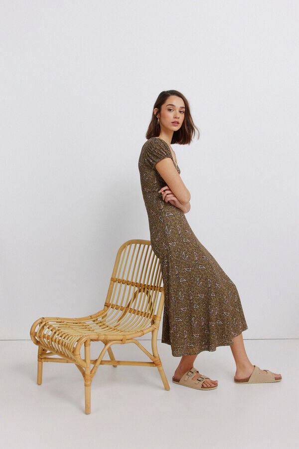 Springfield Border print midi dress beige