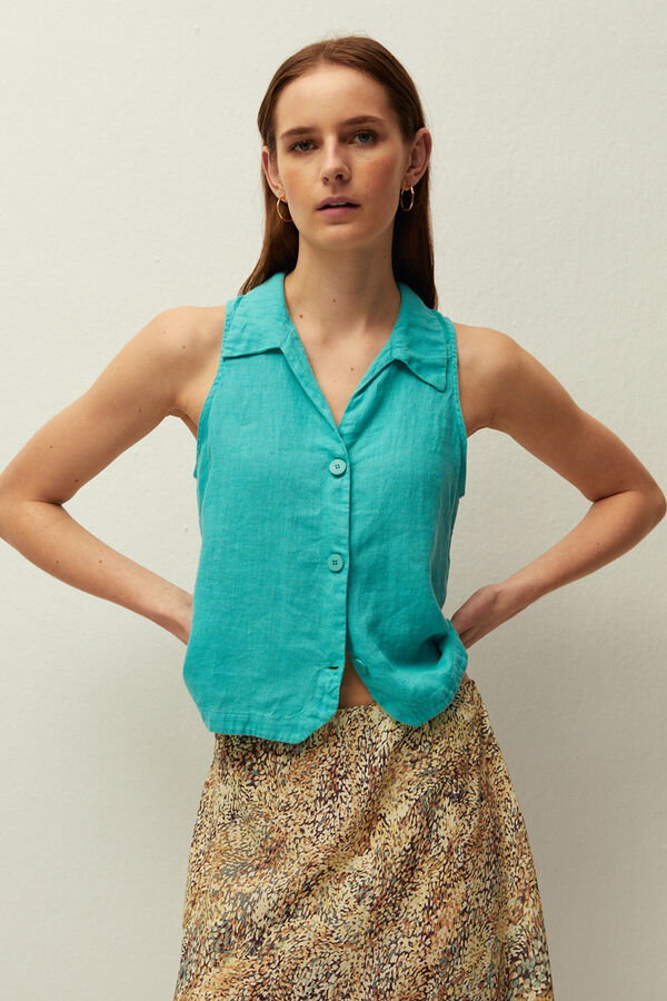 Systemaction Linen shirt collar gilet blue