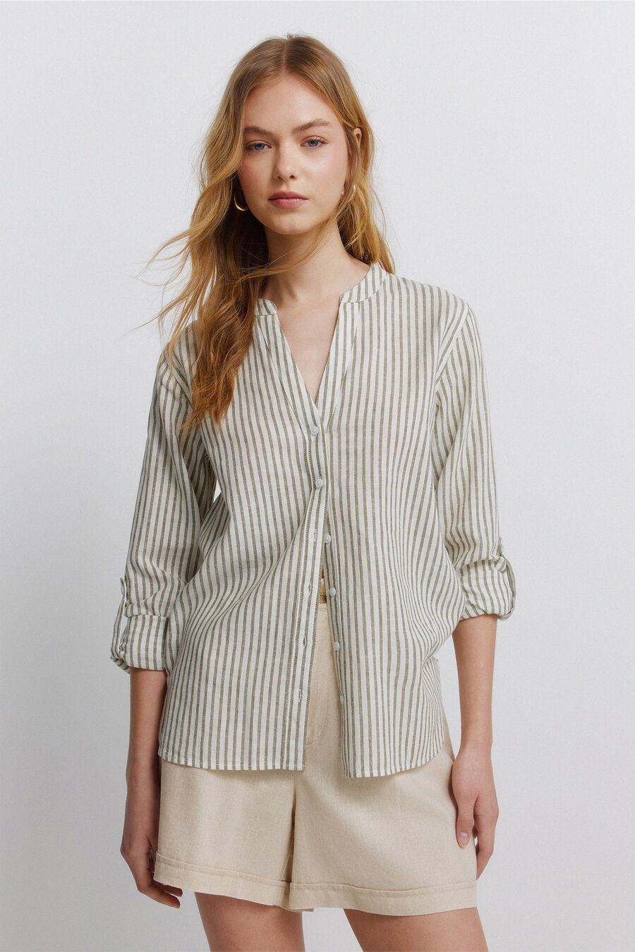 Camisa cuello mao efecto lino