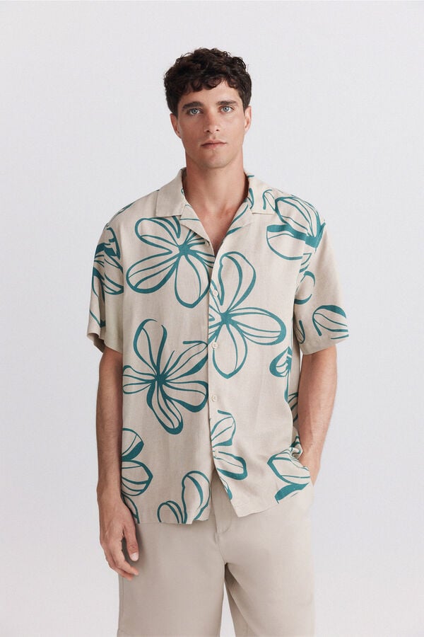 Springfield Printed linen rayon short sleeve T-shirt brown