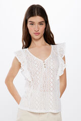 Springfield Crochet buttoned neckline T-shirt white