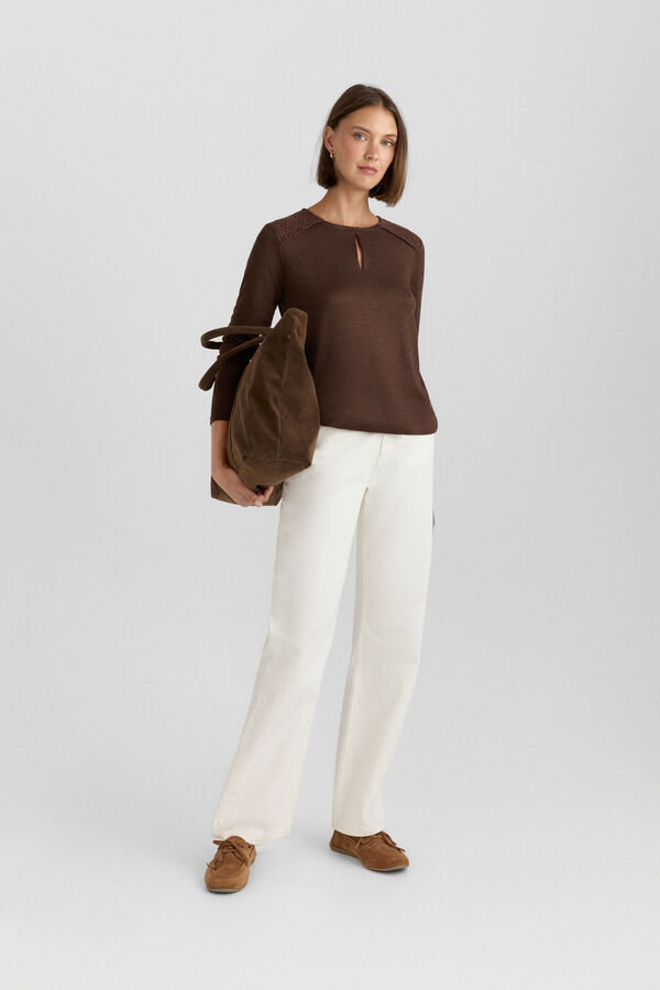 Springfield Crochet shoulder long sleeve T-shirt brown