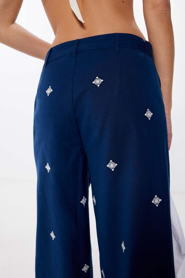 Springfield Embroidered linen/cotton trousers navy