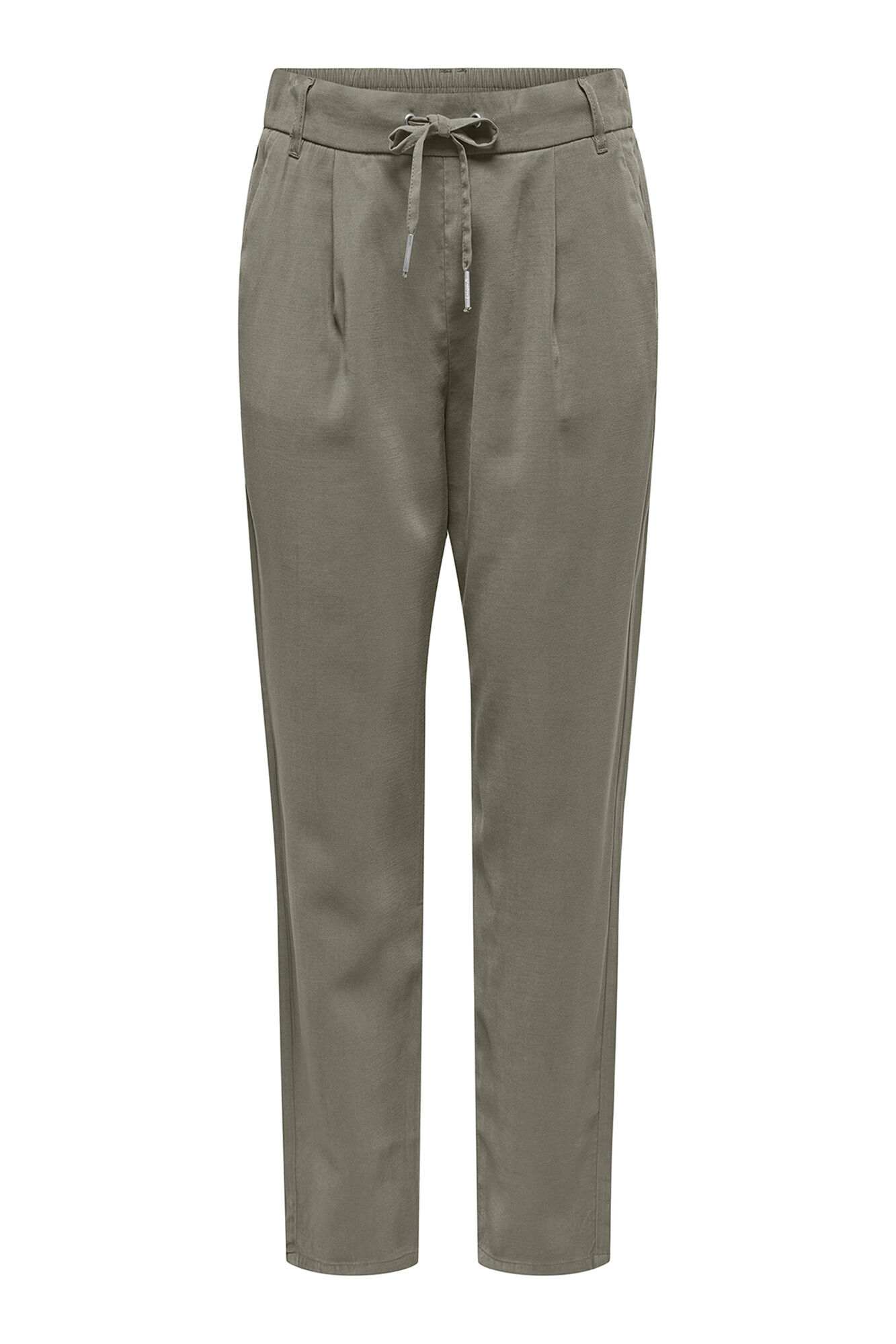 Only Cal&ccedil;as regular fit.<br/>- Fabricadas com viscose Lenzing Ecovero e poli&eacute;ster reciclado.<br/>- Cintura alta el&aacute;stica com detalhe de la&ccedil;ada e presilhas.<br/>- Bolsos laterais e falsos bolsos traseiros.<br/>- Corte reto.<br/>- Tecido el&aacute;stico.