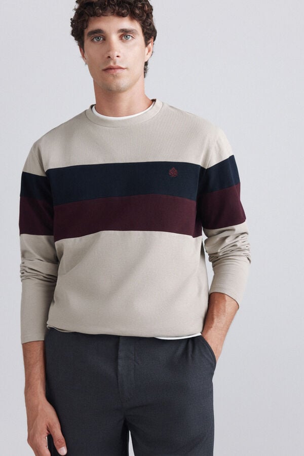 Springfield Piqu&eacute; long sleeve T-shirt V-shaped beige