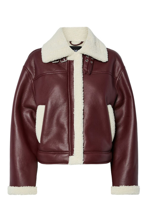 Pieces Faux leather aviator jacket with faux shearling red