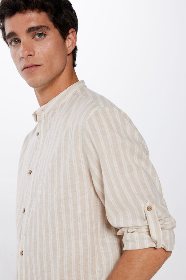 Striped linen mandarin collar shirt
