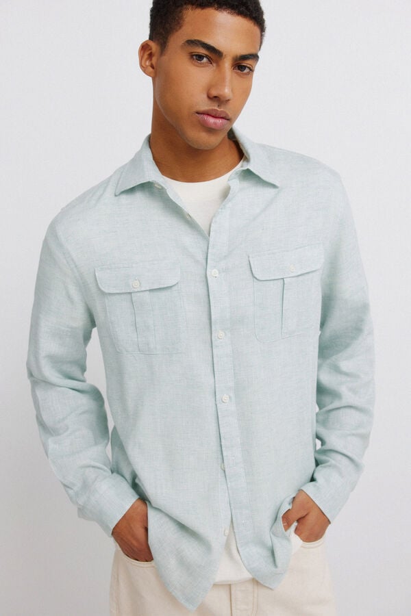 Springfield Linen viscose pockets T-shirt green