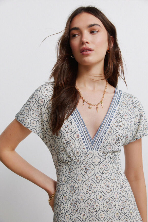 Springfield Border print V-neck dress beige