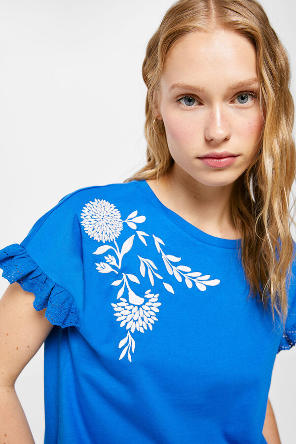 Springfield T-shirt Fleur Brodée Volants bleu