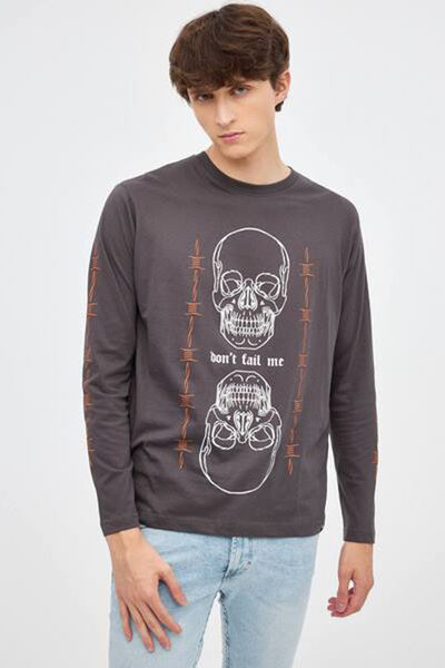 Springfield T-Shirt Print Totenkopf grau