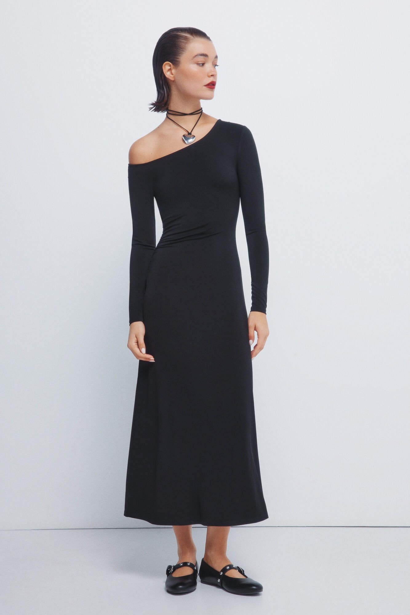 Springfield Draped midi dress with asymmetrical neckline 