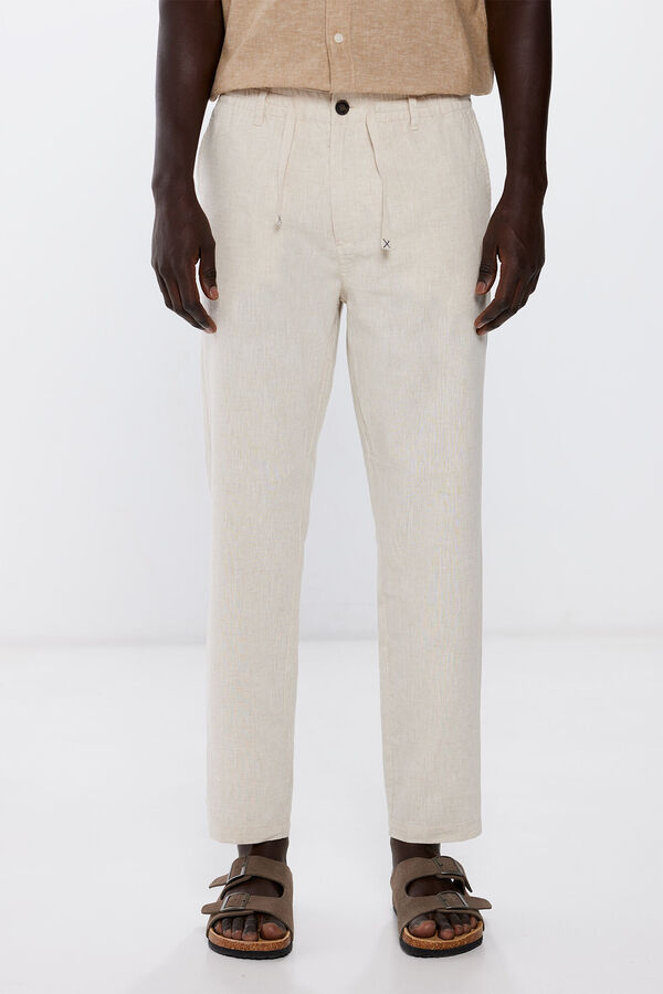 Springfield Pantalón lino slim fit estampado fondo blanco