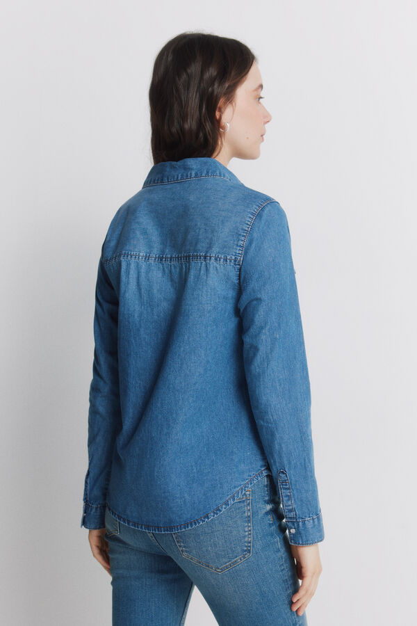 Springfield Camisa jeans com bolsos de algod&atilde;o azul