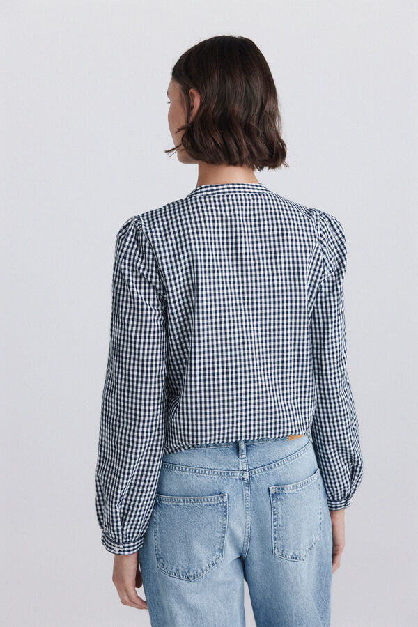 Springfield Plaid mandarin collar ruffle shirt blue