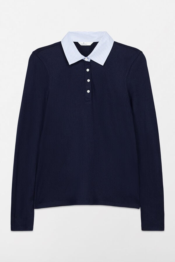 Springfield Long sleeve two-fabric jersey-knit polo shirt blue