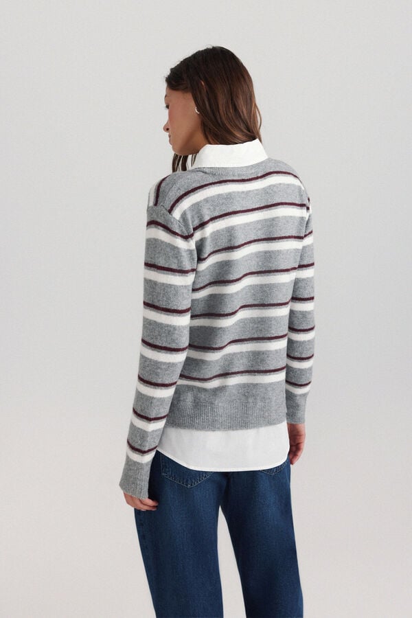 Springfield Striped V-neck mixed fabric jumper grey