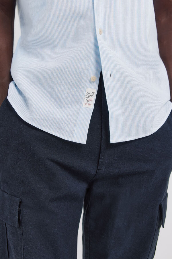 Springfield Striped linen short sleeve shirt blue