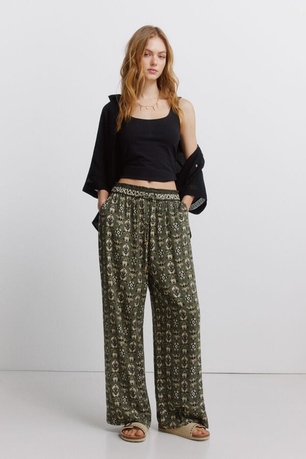 Springfield Printed rustic drawstring trousers green