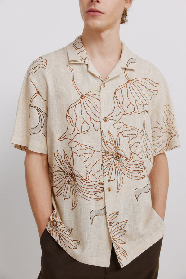 Springfield Printed linen viscose short sleeve shirt grey