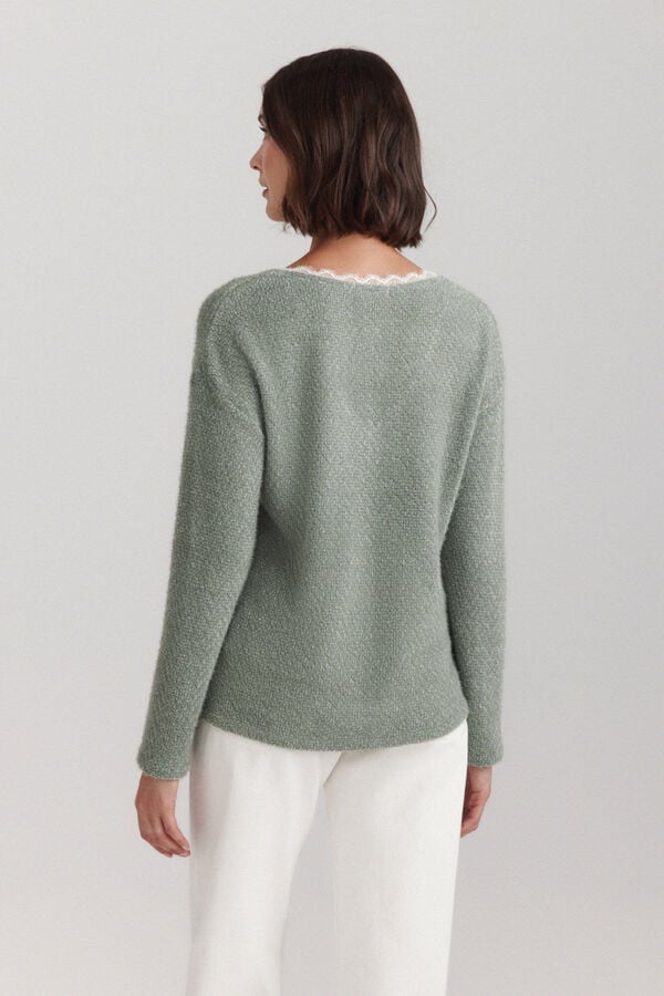 Springfield Pull fin col en V en dentelle vert