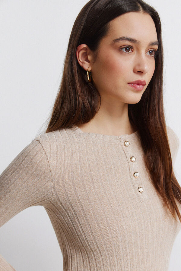 Springfield Camiseta canalé cuello botones nude