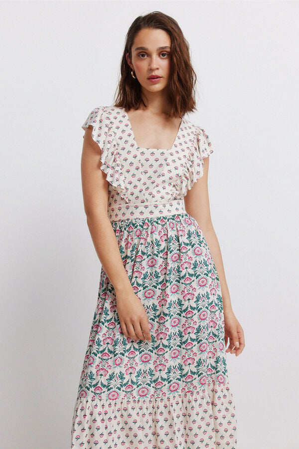 Springfield Vestido midi estampado com folhos branco