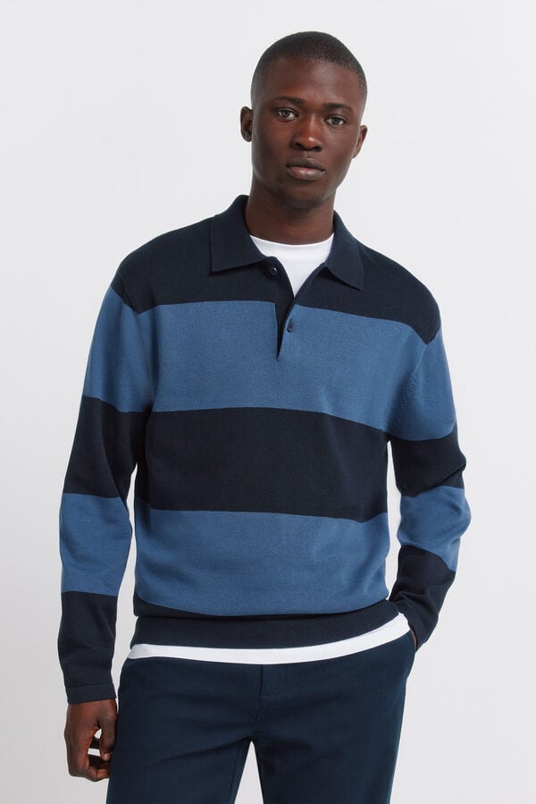 Springfield Colour block stripe polo shirt blue