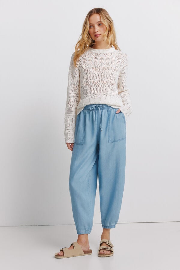 Springfield Tencel denim elasticated trim trousers blue