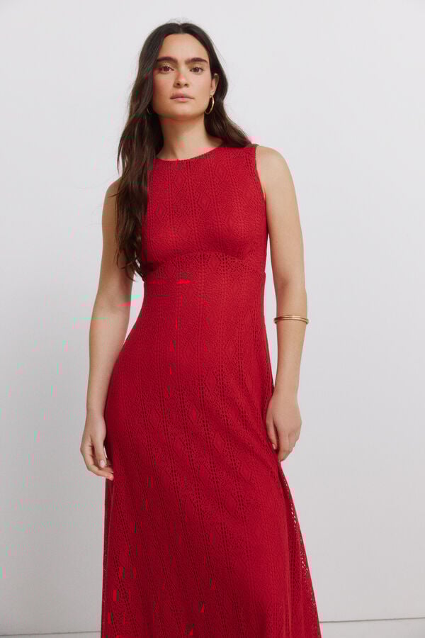 Springfield Robe midi &agrave; bretelles brod&eacute;e rouge