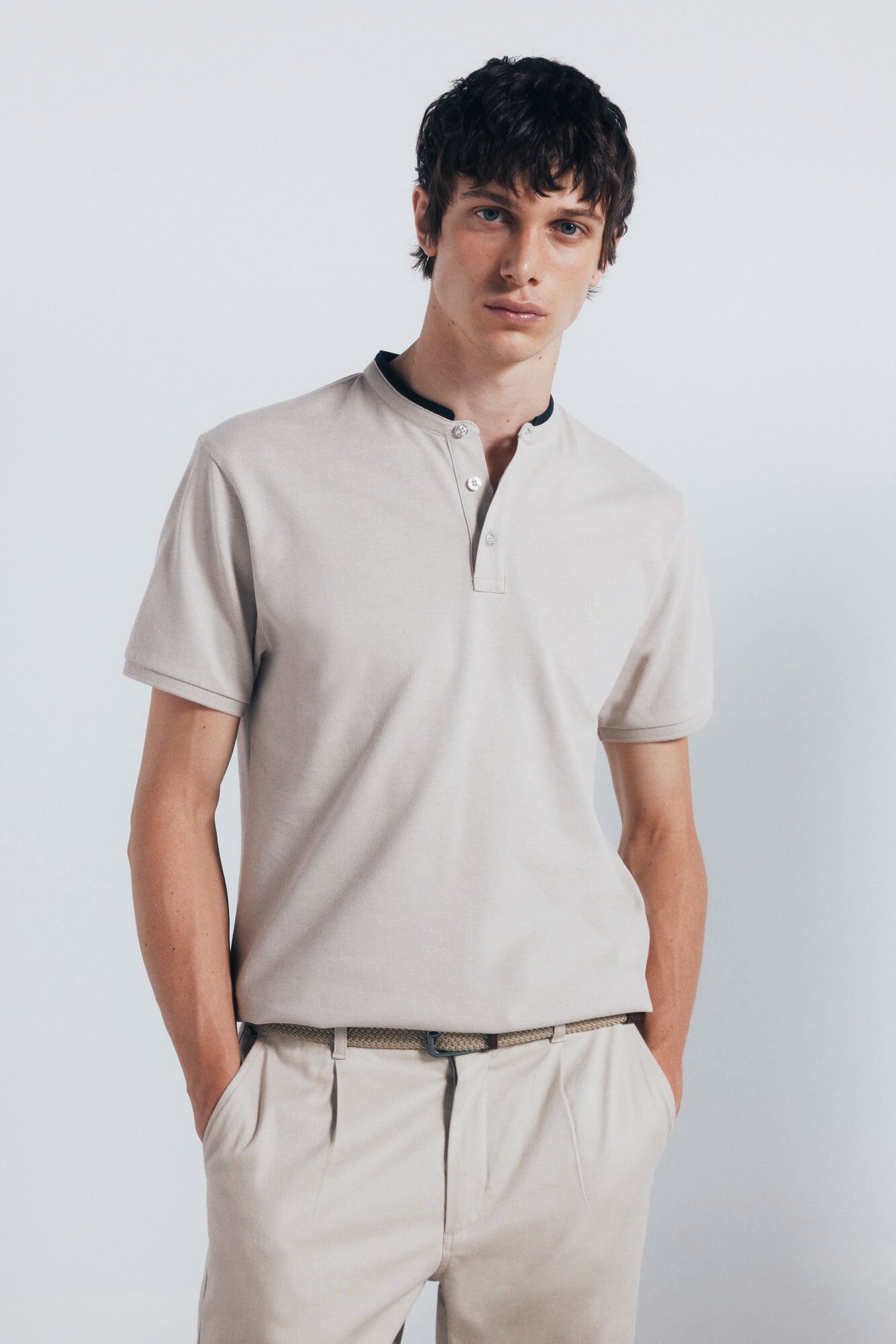 Springfield Slim fit mandarin collar piqu&eacute; polo shirt