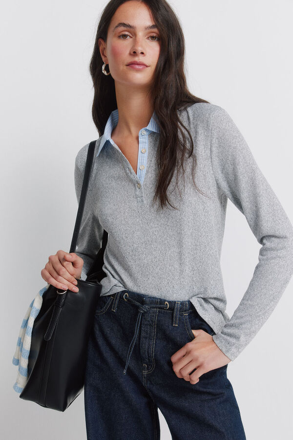 Springfield Long sleeve two-fabric jersey-knit polo shirt grey