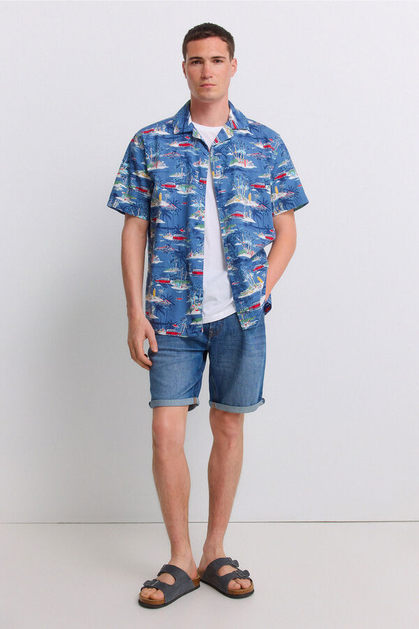 Springfield Chemise manches courtes bowling imprim&eacute;e bleu