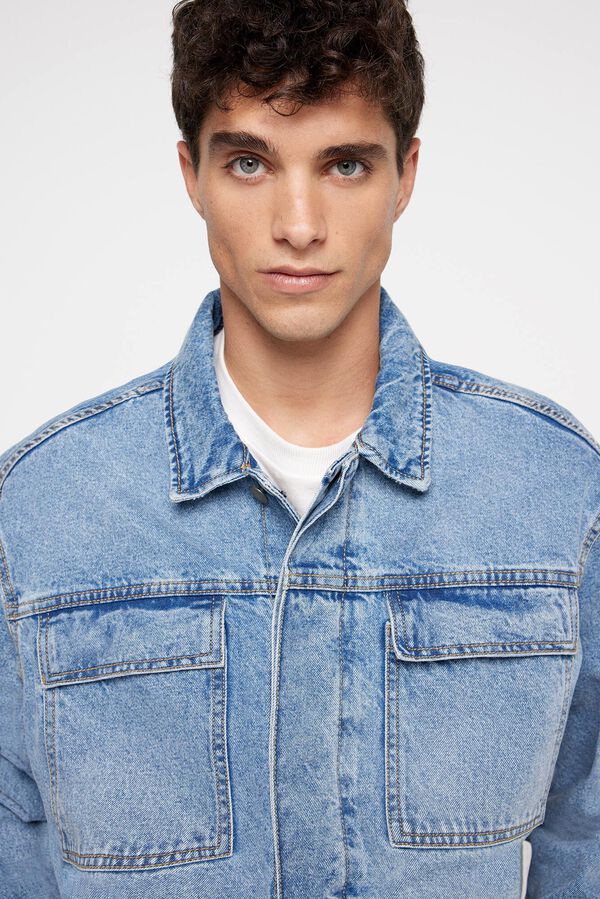 Springfield Denim jacket with embroidery at the back steel blue
