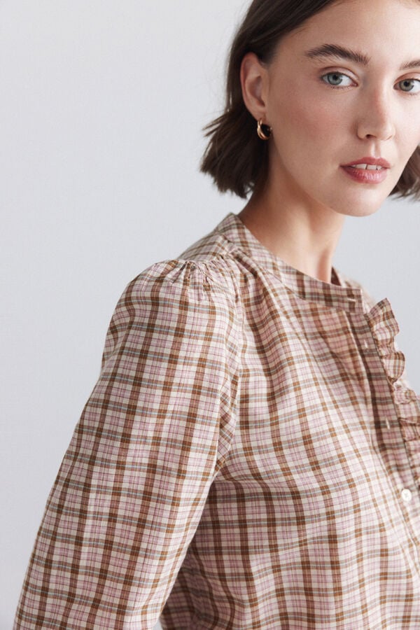 Springfield Plaid mandarin collar ruffle shirt pink