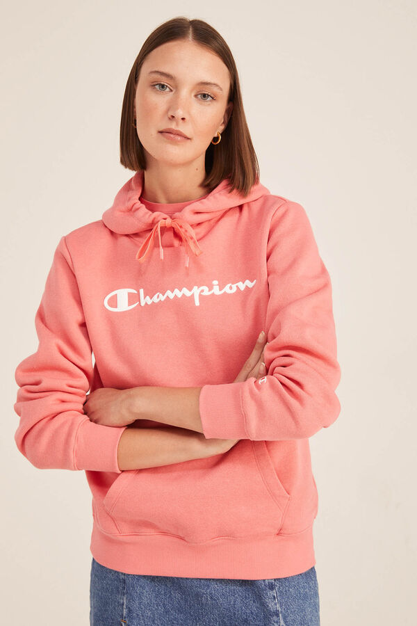 Springfield Women's classic cut hoodie. Small contrast logo and elasticated waistband. 260 GSM light fleece-back poly-cotton. deep red