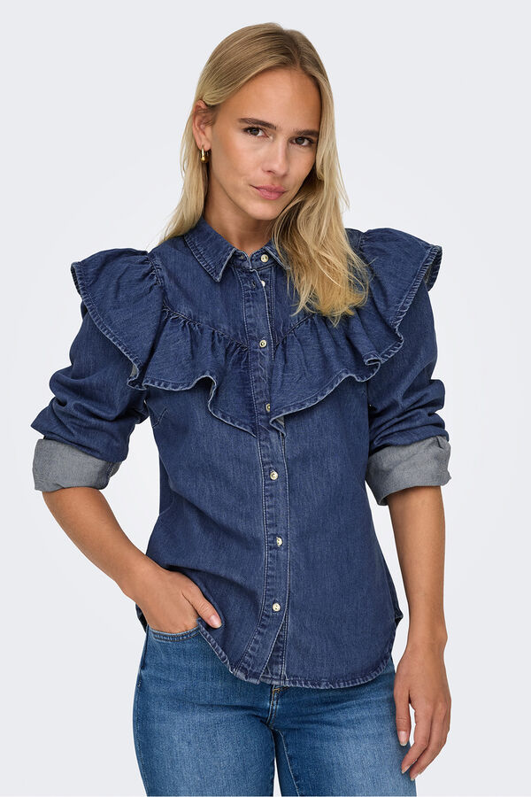 Only denim shirt with ruffle blue