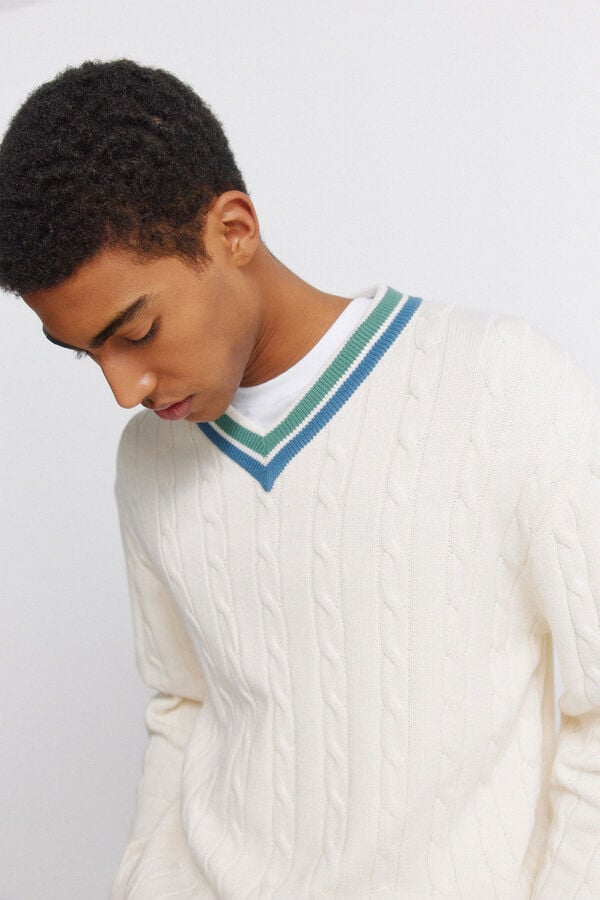 Springfield Cable knit V-neck jumper white
