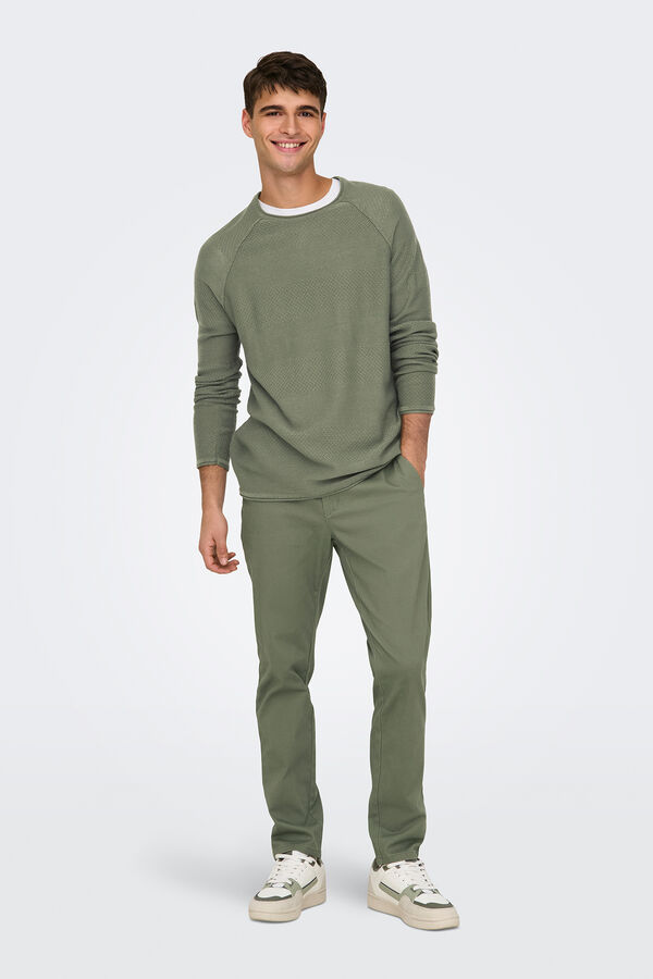 Only & Sons Su&eacute;ter masculino com gola redonda e regular fit.  verde
