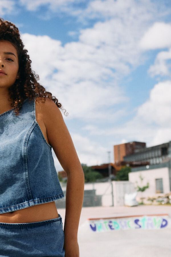 Noisy May Denim top with back tie blue