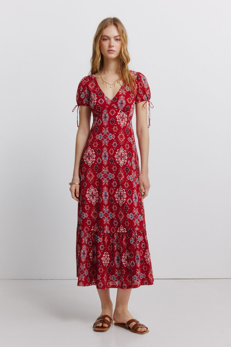 Vestido manga corta lazos