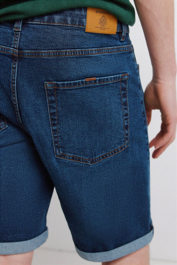 Springfield Dark wash basic slim fit denim Bermuda shorts blue